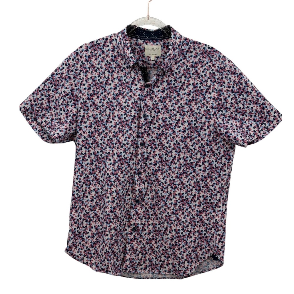 CON.STRUCT Button Down Mens SZ L White Floral 4-Way Stretch Slim Fit Casual Dad